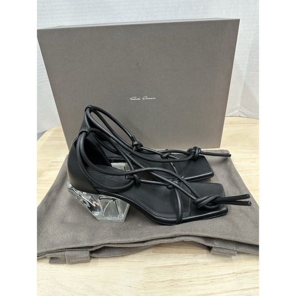 Rick Owens Women's 37.5 Black Ankle-Wrap Sandals Leather Heels Clear Block